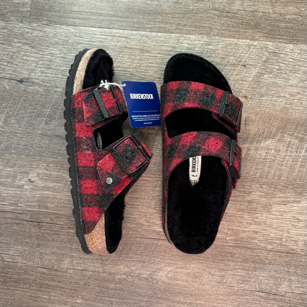 New Birkenstock Arizona Rivet fur sandals in plaid red